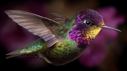 Obraz premium Iridescent Brilliance Hummingbird Portrait with Spreading Wing Feathers and Plumage Details.