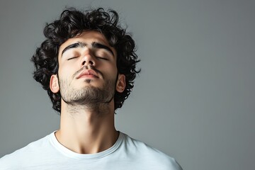 Fototapeta premium A concentrated man practices deep breathing with closed eyes, embodying mindfulness and inner tranquility against a neutral gray backdrop, revitalizing the spirit.