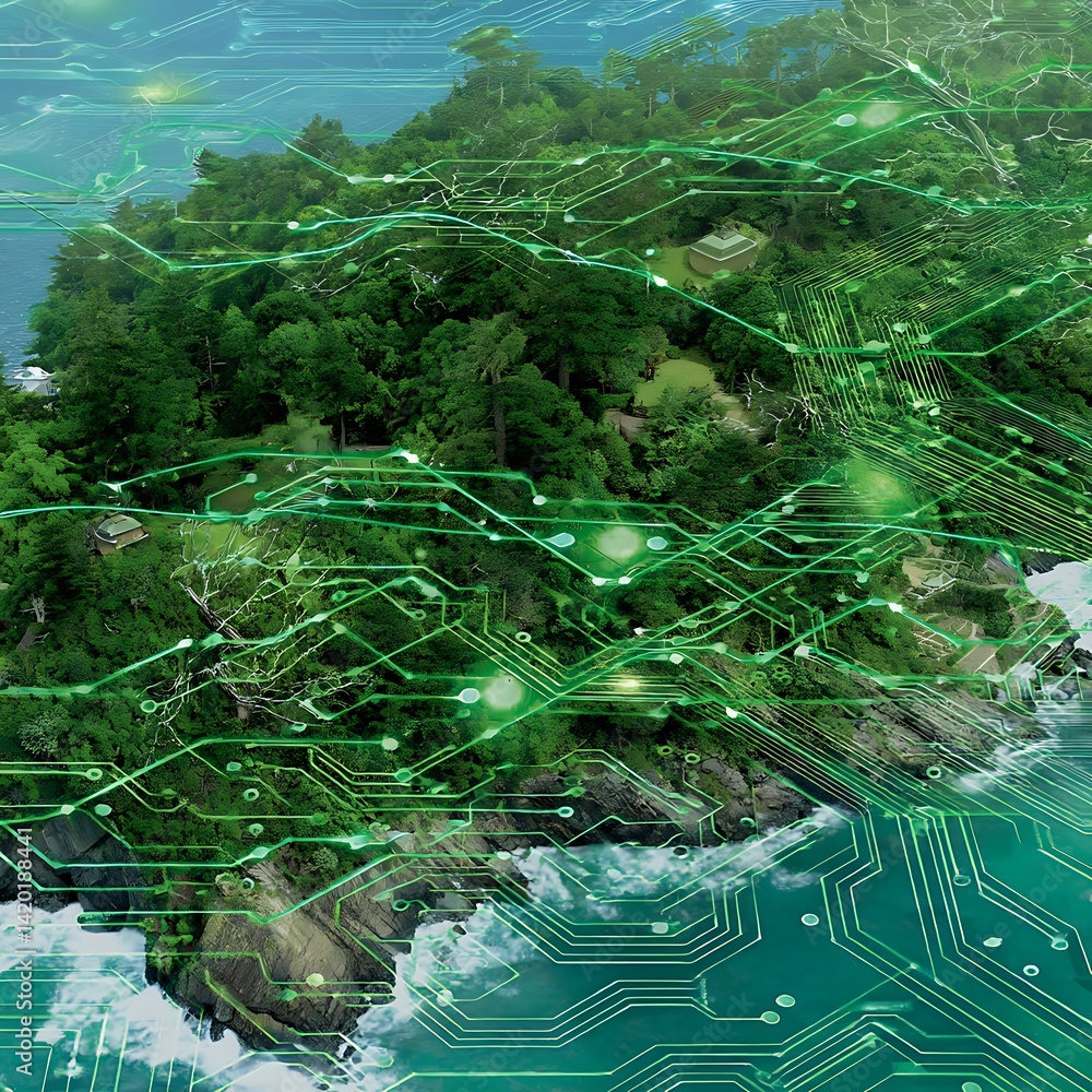 Poster island techscape digital infrastructure network overlay green technology and nature integration.