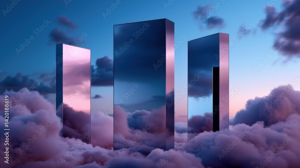 Poster three tall buildings are reflected in the clouds, creating a surreal