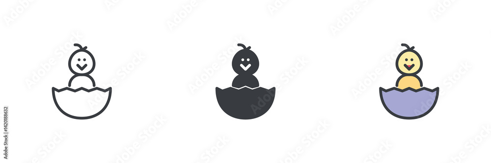 Poster Hatched chick emerging from a cracked eggshell different style icon set