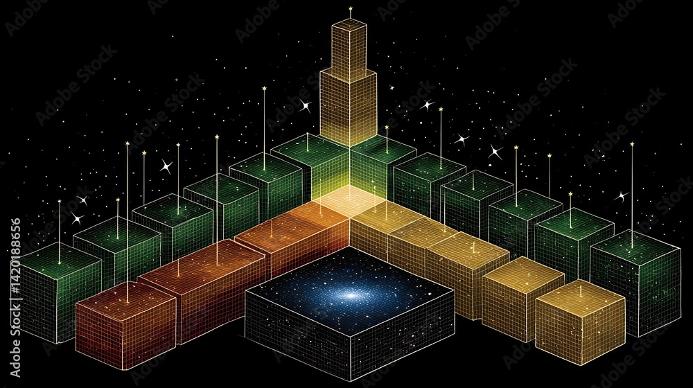 Poster isometric cubes in space representing layers and dimensions of data connectivity in universe.