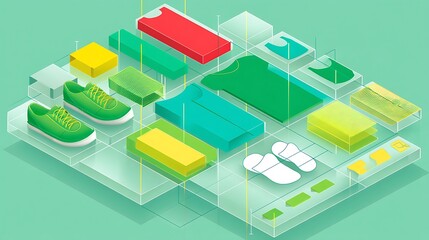 Isometric Digital Retail Display of Shoes Shirts and Other Apparel for Online Shopping Experience.