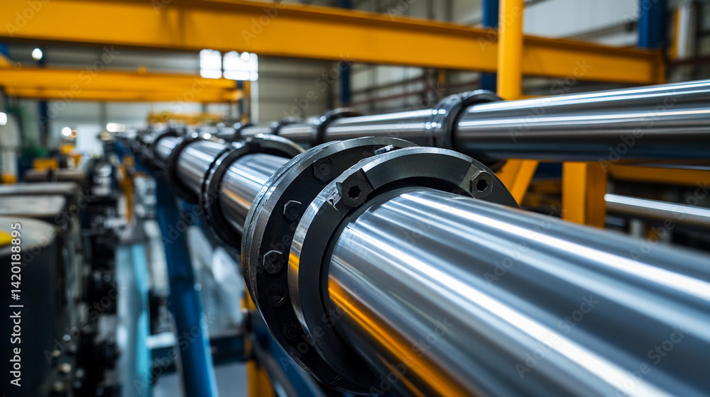 Poster Close view of shiny metal pipes in an industrial setting Generative AI