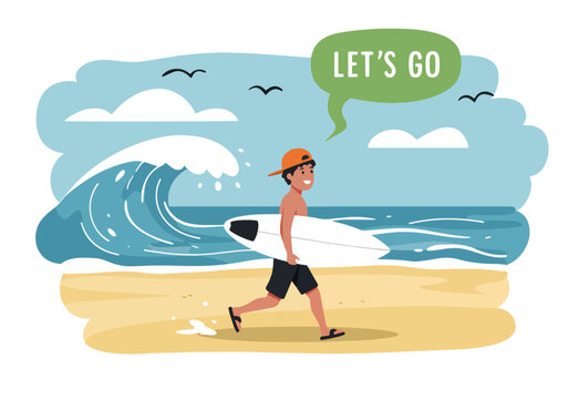 Flat style vector illustration of a man running towards a large wave with his surfboard, exclaiming for summer holiday surfing fun