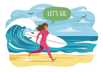 Flat style vector illustration of a woman running towards the ocean with her surfboard, ready for summer holiday surfing action