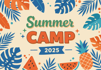 Vibrant and playful summer camp 2025 vector illustration with tropical leaves, watermelon, and pineapple framing the central text