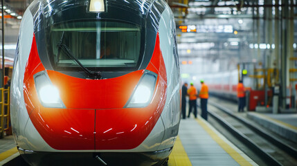 Fototapeta premium Bright high-speed train awaits departure at station platform Generative AI