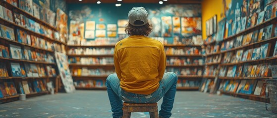 Fototapeta premium Person sits on chair in room with shelves full of books or records.