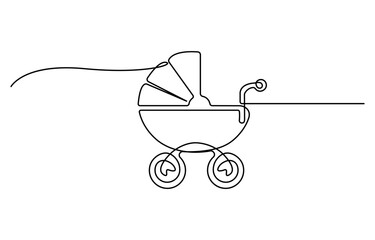 Continuous modern baby stroller one line art. single line baby equipment, continuous line drawing of childhood, safety, transportation, personal, classic style, for winter.