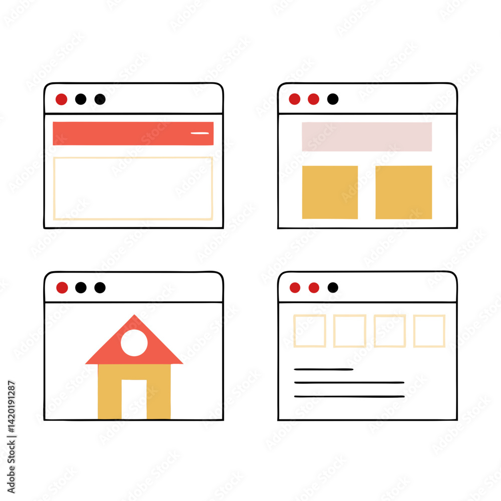 Poster a playful exploration of website design featuring simple, colorful browser windows showcasing variou