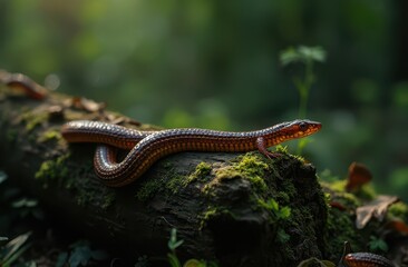 Obraz premium A European slowworm slithering across a rotting log in dense green woods Generative AI