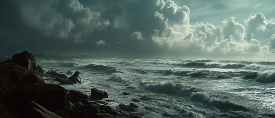 Dramatic ocean waves crash against rocks under a stormy sky, creating a moody and captivating coastal scene.