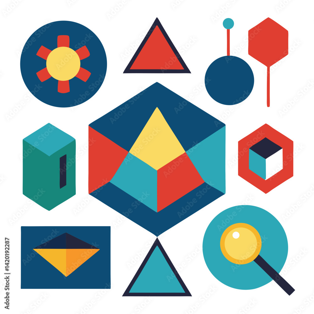Poster a vibrant exploration of geometric shapes in bold colors, showcasing a playful yet sophisticated des