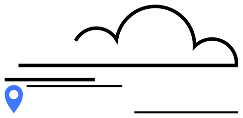 Minimalist blue pin and cloud with horizontal lines for movement convey cloud computing, navigation, data sharing. Ideal for technology, travel, logistics, network, innovation, direction flat simple