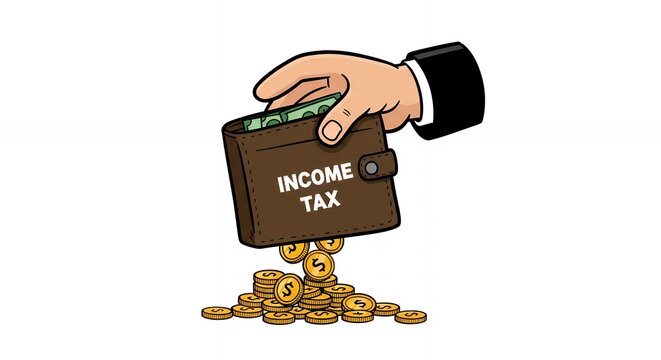 Hand taking money from income tax wallet cartoon illustration