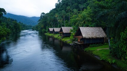 Fototapeta premium A river with a few small wooden houses on the banks