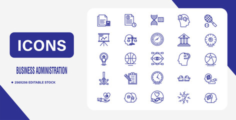 Business Administration Icons: A comprehensive set of neatly designed business administration icons, perfect for presentations, websites, or app interfaces. Each icon is a single, consistent style.