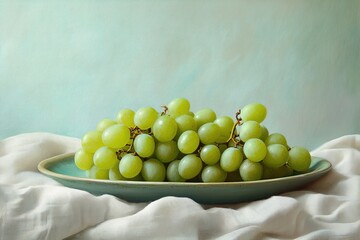 A Cluster of Green Grapes Arranged on a Ceramic Plate, Resting on a Fabric Texture, with a Soft-Toned Background That Highlights the Natural Beauty and Freshness of the Fruit