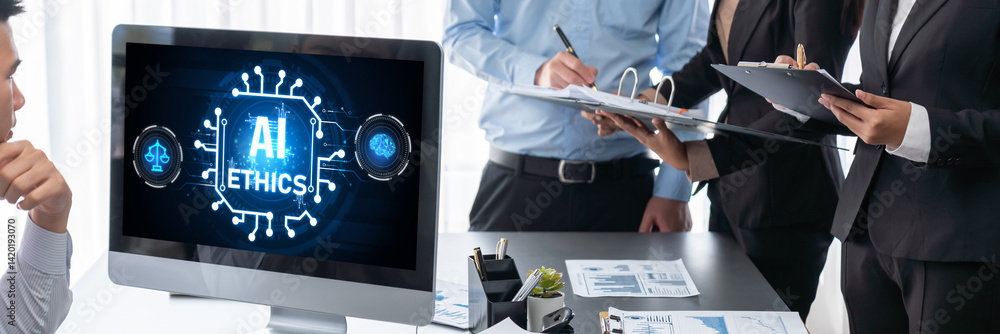 Poster ai ethics responsibility standard law and rules on computer screen provide report of ai ethic transp