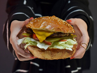 Woman holding a cheeseburger directly toward the camera with both hands, showcasing the layers of...