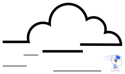 Cloud outline with bold lines and human profile featuring brain and gear. Ideal for AI, computing, technology, innovation, data transfer, cloud storage, networking, flat simple metaphor