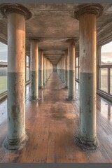 Obraz premium Corridor with repeating columns and ceiling perspective vanishing point.