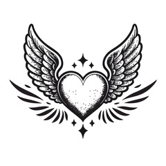 Obraz premium Monochromatic black and white logo featuring a stylized winged heart emblem with stippled texture and tattoo-style detailing, perfect for vintage, symbolic, or artistic branding themes