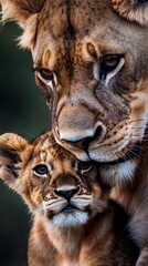 Naklejka premium A mother lion is holding her cub