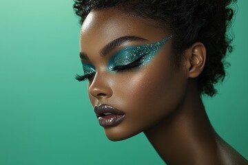 Stunning artistic expression with bold glitter turquoise makeup on a studio green background