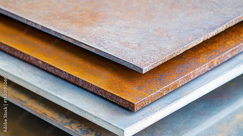 Poster close-up view of bright textured metal surfaces in layers generative ai