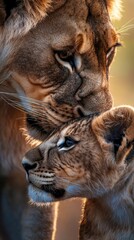 Naklejka premium A mother lion is hugging her cub