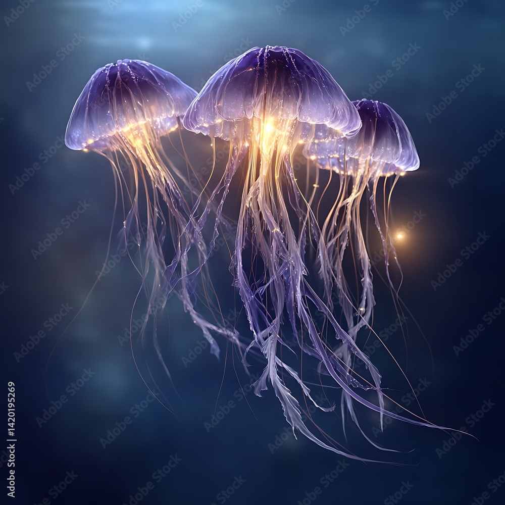 Poster luminescent jellies in deep sea abyss exploring underwater marine ecosystem with translucent creatur