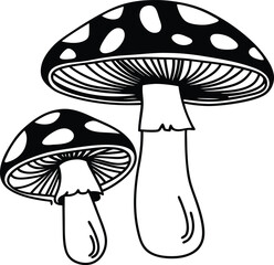 Artistic Black-and-White Illustration of a Mushroom with Leaf Design