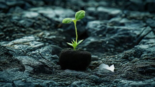 A cracked egg shell with a small green plant emerging from it, set against a textured rocky background, symbolizing new life and growth.