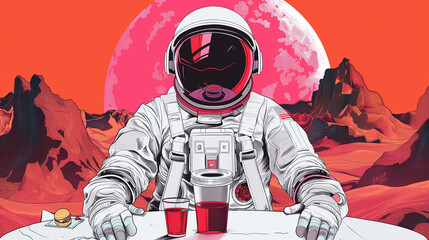Astronaut enjoying a drink and burger on mars with a large moon in the background during a red sunset