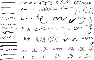 set of Hand drawn set of divider underline curly swishes swashes swoops swirl signature Highlight text elements doodle vector illustration Silhouette isolated on white bac
