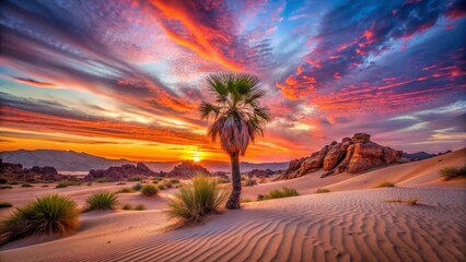 Serene Desert Sunset A Solitary Palm Tree Silhouetted Against Vibrant Hues of a Fiery Sky and Rolling Sand Dunes