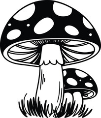 Artistic Black-and-White Illustration of a Mushroom with Leaf Design