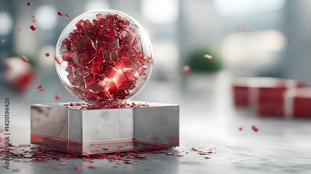Poster luminous crystal sphere resting on a silver block sparkling in a light strewn scene of splendor.