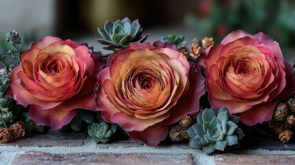 Naklejka premium Captivating floral arrangement with roses and succulents in natural harmony