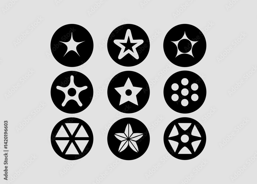 Aufkleber a captivating collection of nine distinct star and geometric shapes, each encased in a bold black ci