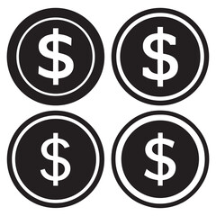 Dollar Coin Icons Set - Black and White Currency Symbol Vector silhouette 