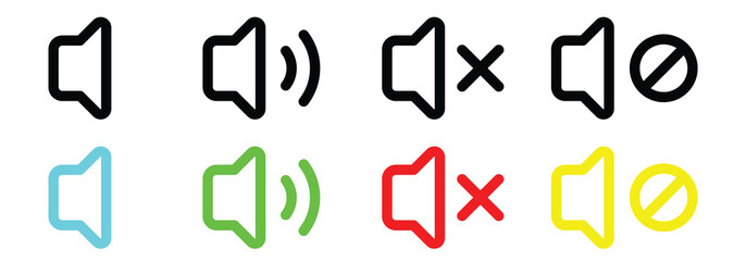 Speaker icon set. Mute and unmute volume signs vector eps10.