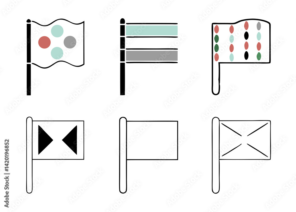 Poster a collection of whimsical flags, each with unique patterns and colors, displayed on simple poles, sh
