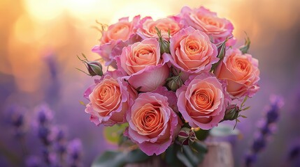 Vibrant pink and peach rose bouquet in serene lavender field at sunset