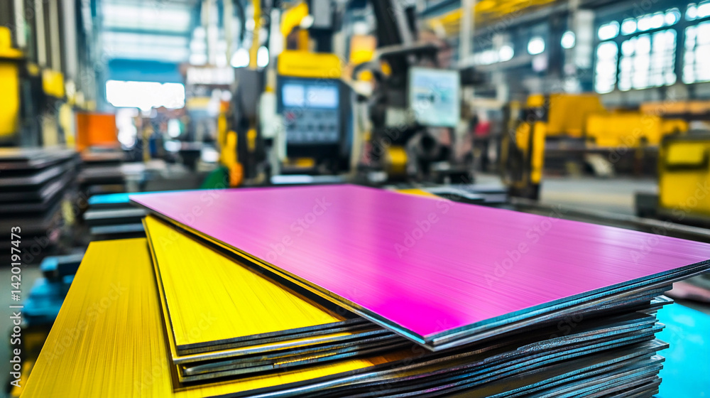 Aufkleber bright and vibrant steel sheets stacked in a workshop generative ai