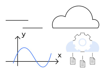 Cloud icon with cogwheel, connected documents, line graph with axes, and automation elements. Ideal for data analysis, cloud storage, workflow, technology AI productivity research. Flat simple