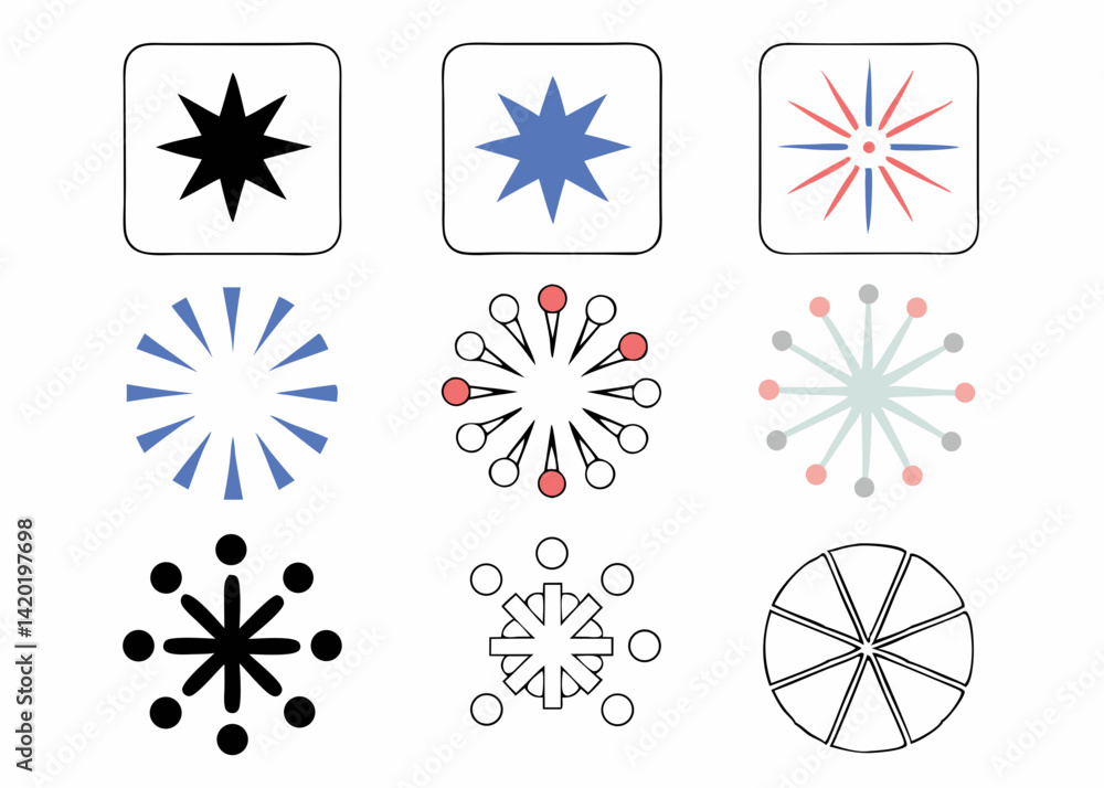 Poster a vibrant collection of radiating starburst and circular designs in various colors and styles showca