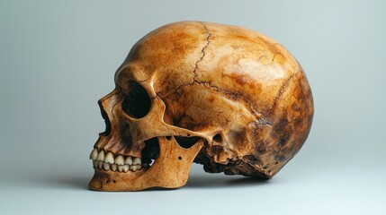 Detailed profile view of a human skull.  A well-preserved and realistic model of a human cranium, showcasing the intricate structure of the skull, jaw, and teeth